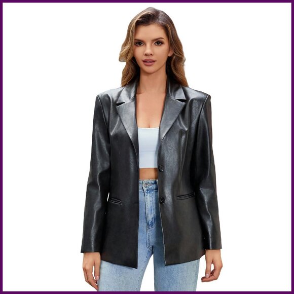Oversized Faux Leather Blazer Jacket Vintage Lapel Button Down